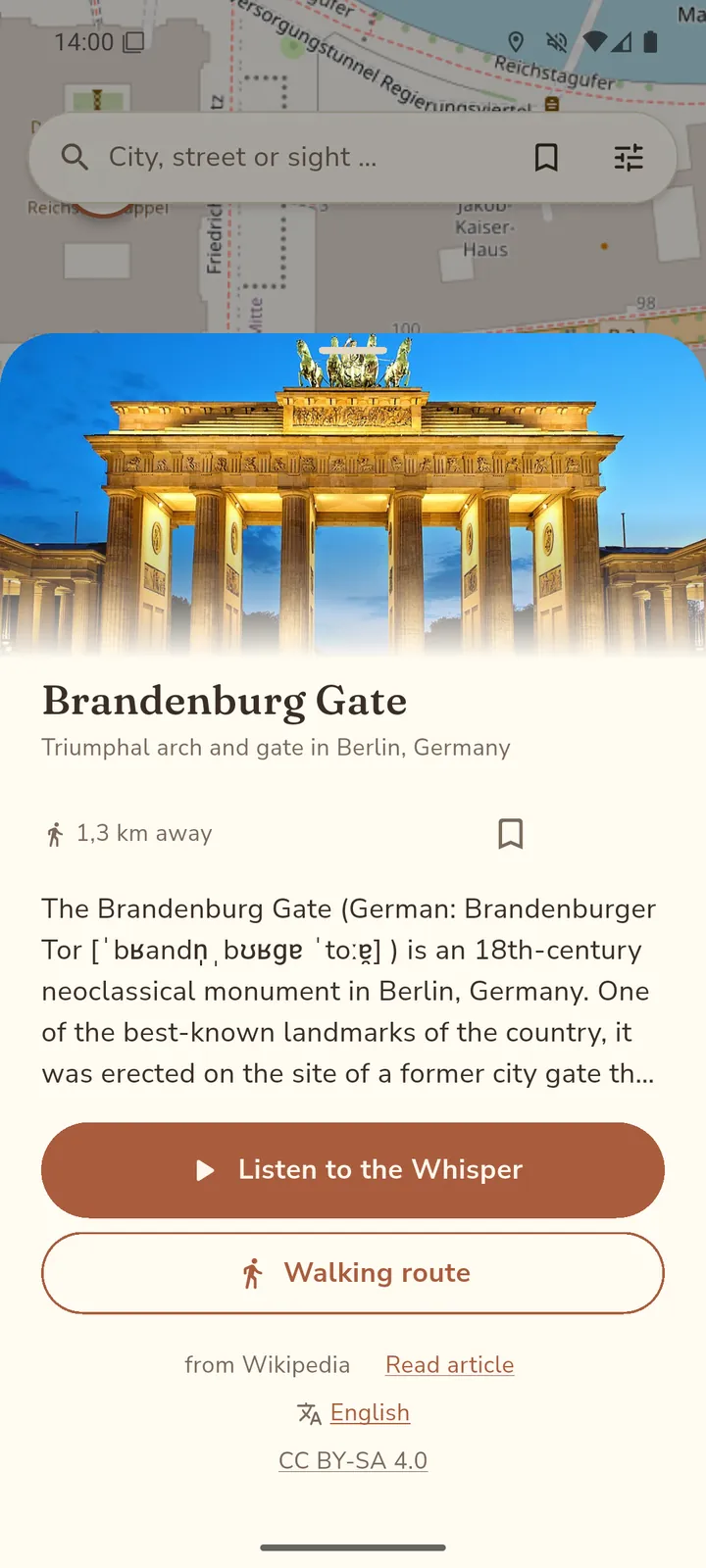 Place card for the Brandenburg Gate with image, title and a large „Listen to the Whisper“ button.
