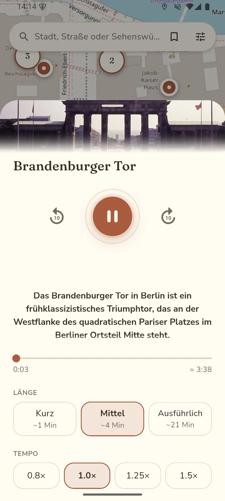 Hör-Modus mit der sanft pulsierenden Atem-Visualisierung um den Play-Knopf und der Längenwahl Kurz, Mittel, Ausführlich.