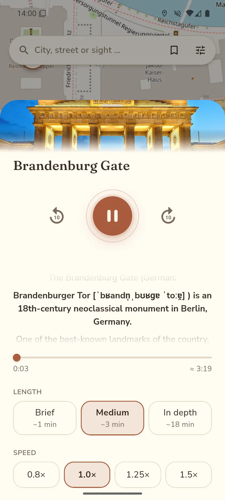 Listening mode with the gently pulsing breath visualisation around the play button and the length picker: Short, Medium, Full.